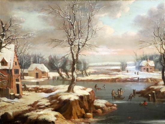 Attributed to Gerard Van Edema (1652-1799) Winter scene with figures on the ice 17.5 x 23.5in.